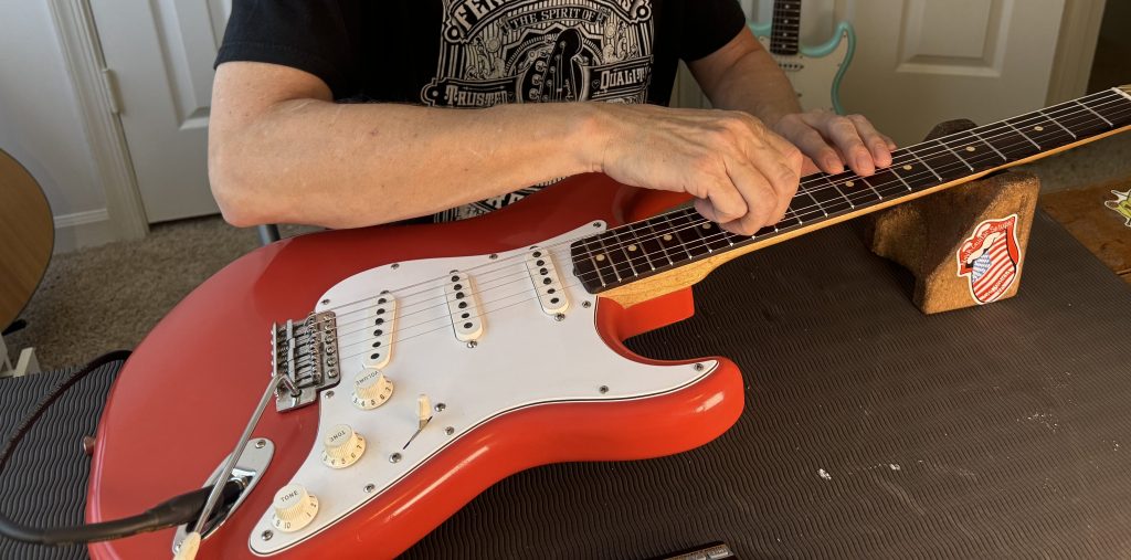 Stratocaster setup in progress demonstrated for the guitar setup mastery course
